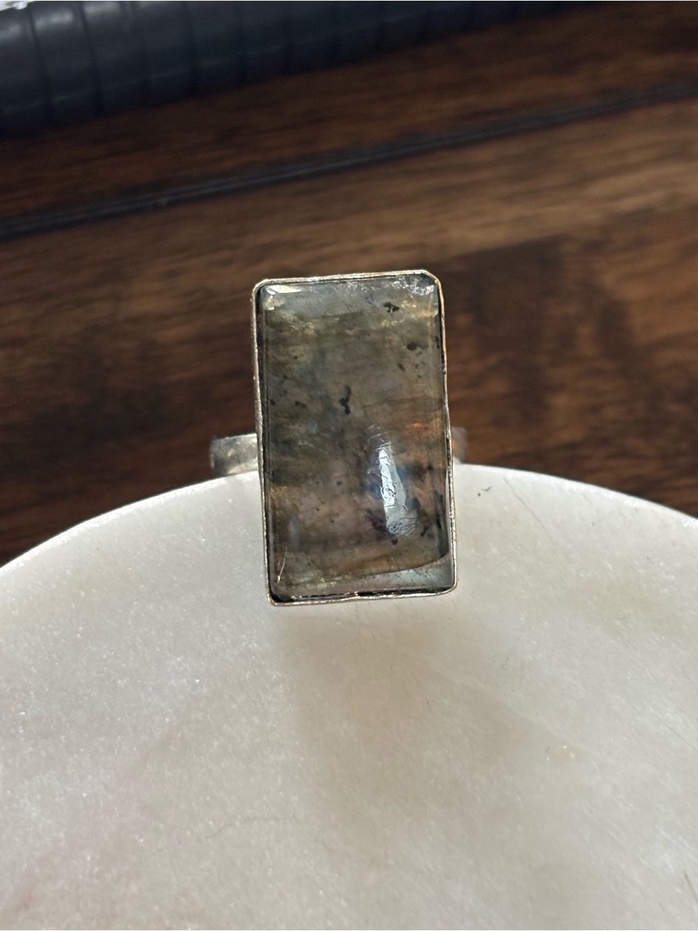 Silver Labradorite Rectangle Statement Ring - Gray - Picture 2 of 5